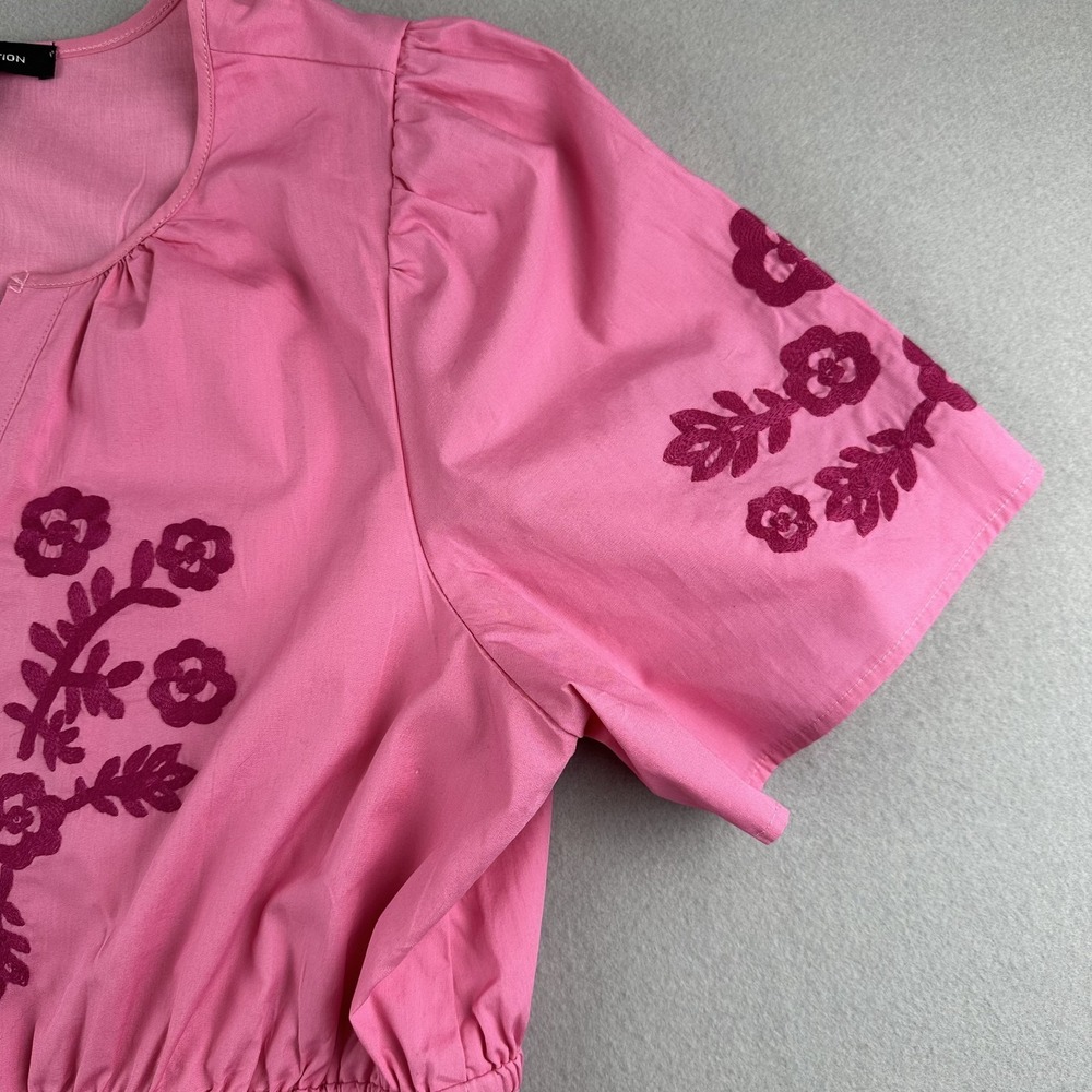 French Connection Pink Embroidered Cotton Midi Dress Large Boho Peasant Resort - Picture 8 of 11
